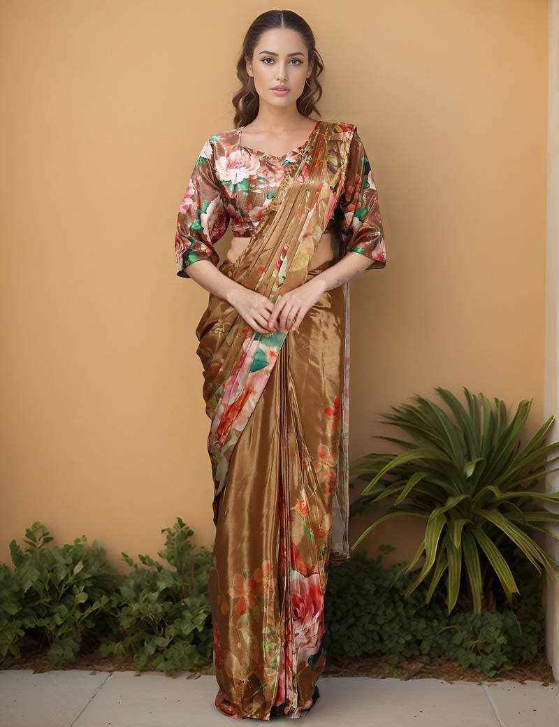 brown one minute saree with pocket and ready to wear blouse