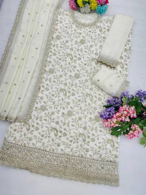 White vichitra silk blend suit with embroidery & sequin work 2