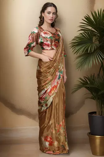 Brown color one minute saree with pocket and ready to wear blouse