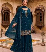 Teal blue georgette suit with embroidery & sequin work