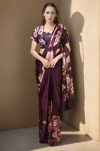wine one minute saree with pocket and ready to wear blouse