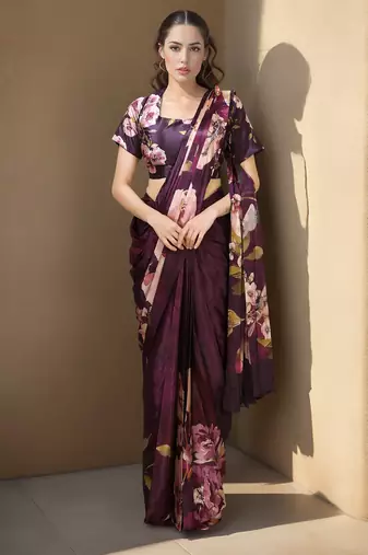 wine one minute saree with pocket and ready to wear blouse