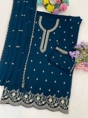 Teal blue georgette suit with embroidery & sequin work 2