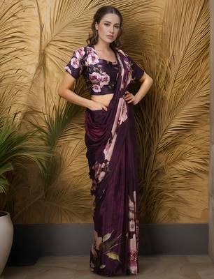 Wine color one minute saree with pocket and ready to wear blouse 2