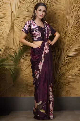 Wine color one minute saree with pocket and ready to wear blouse