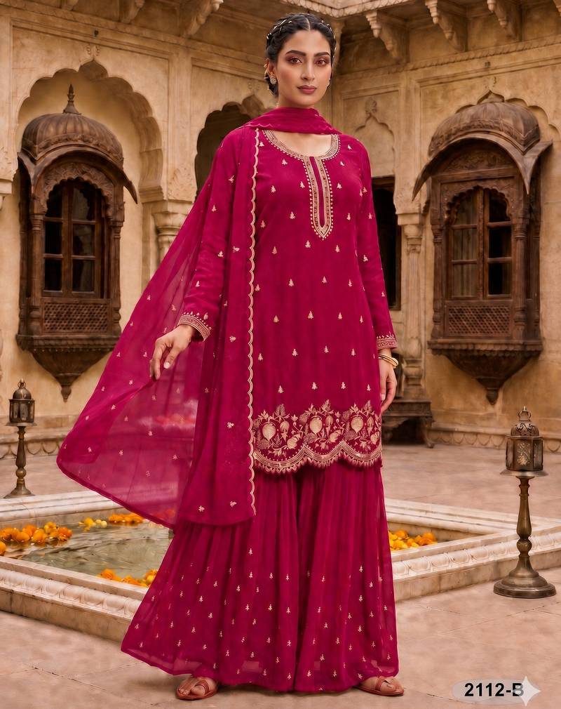 Red georgette suit with embroidery & sequin work