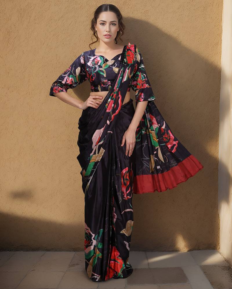 black one minute saree with pocket and ready to wear blouse