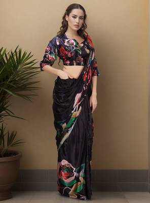 Black color one minute saree with pocket and ready to wear blouse 2