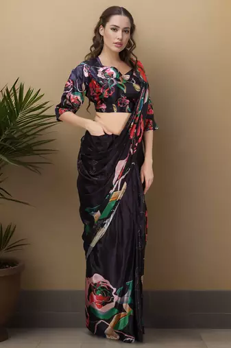 Black color one minute saree with pocket and ready to wear blouse
