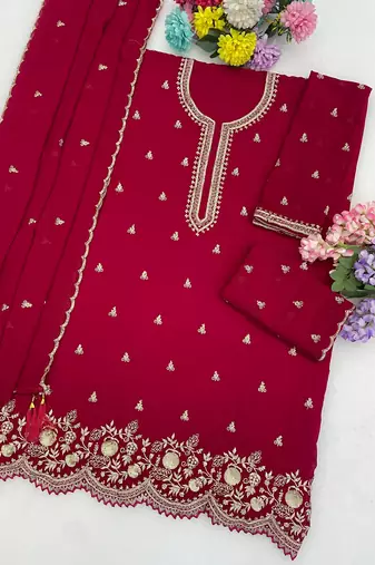 Red georgette suit with embroidery & sequin work