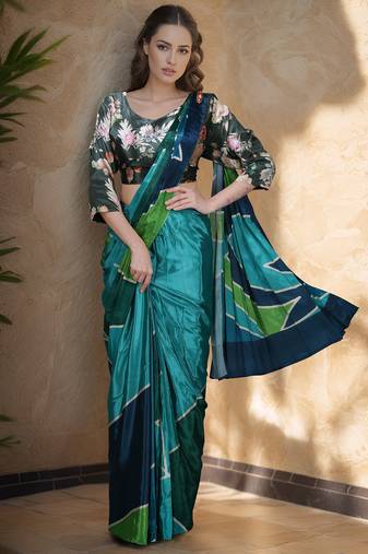 teal green one minute saree with pocket and ready to wear blouse