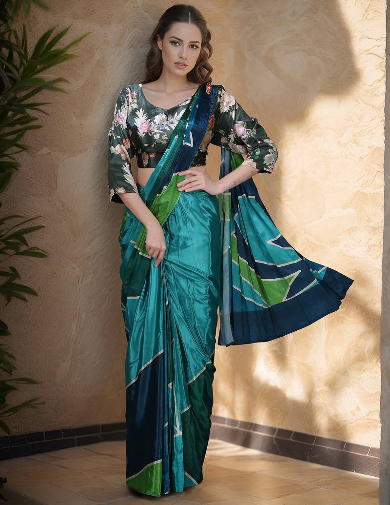 Teal green color one minute saree with pocket and ready to wear blouse