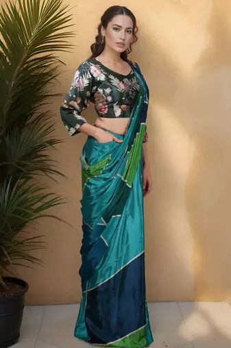Teal green color one minute saree with pocket and ready to wear blouse
