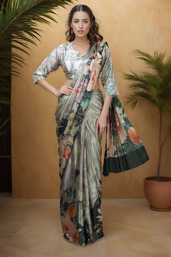 light green one minute saree with pocket and ready to wear blouse