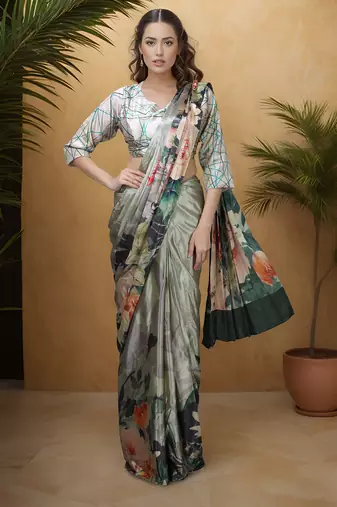 Light green color one minute saree with pocket and ready to wear blouse