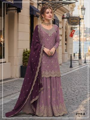 Purple silk blend suit with embroidery & sequin work 1