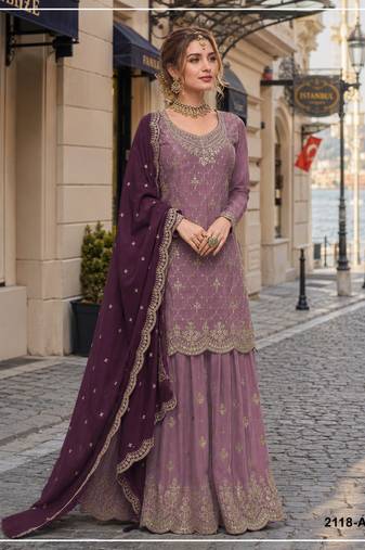 Purple silk blend suit with embroidery & sequin work