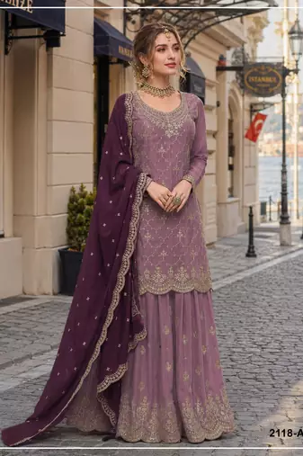Purple silk blend suit with embroidery & sequin work