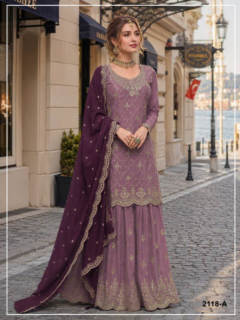 Purple silk blend suit with embroidery & sequin work