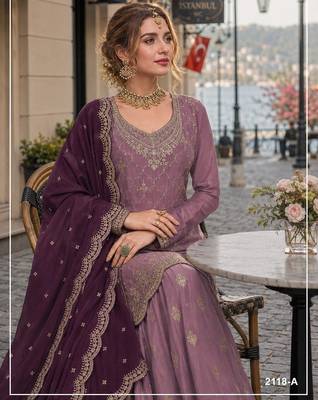 Purple silk blend suit with embroidery & sequin work 2