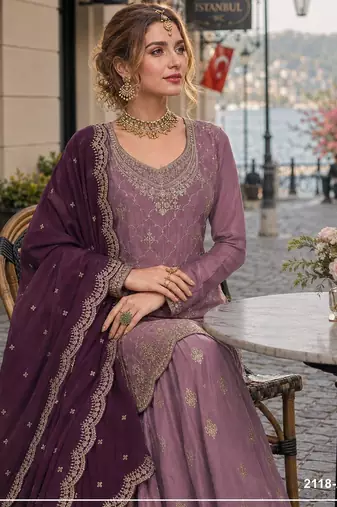 Purple silk blend suit with embroidery & sequin work