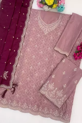 Purple silk blend suit with embroidery & sequin work