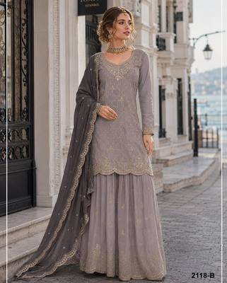 Grey silk blend suit with embroidery & sequin work 1