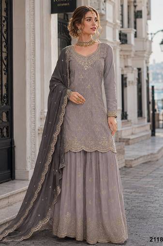 Grey silk blend suit with embroidery & sequin work