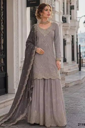 Grey silk blend suit with embroidery & sequin work