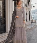Grey silk blend suit with embroidery & sequin work