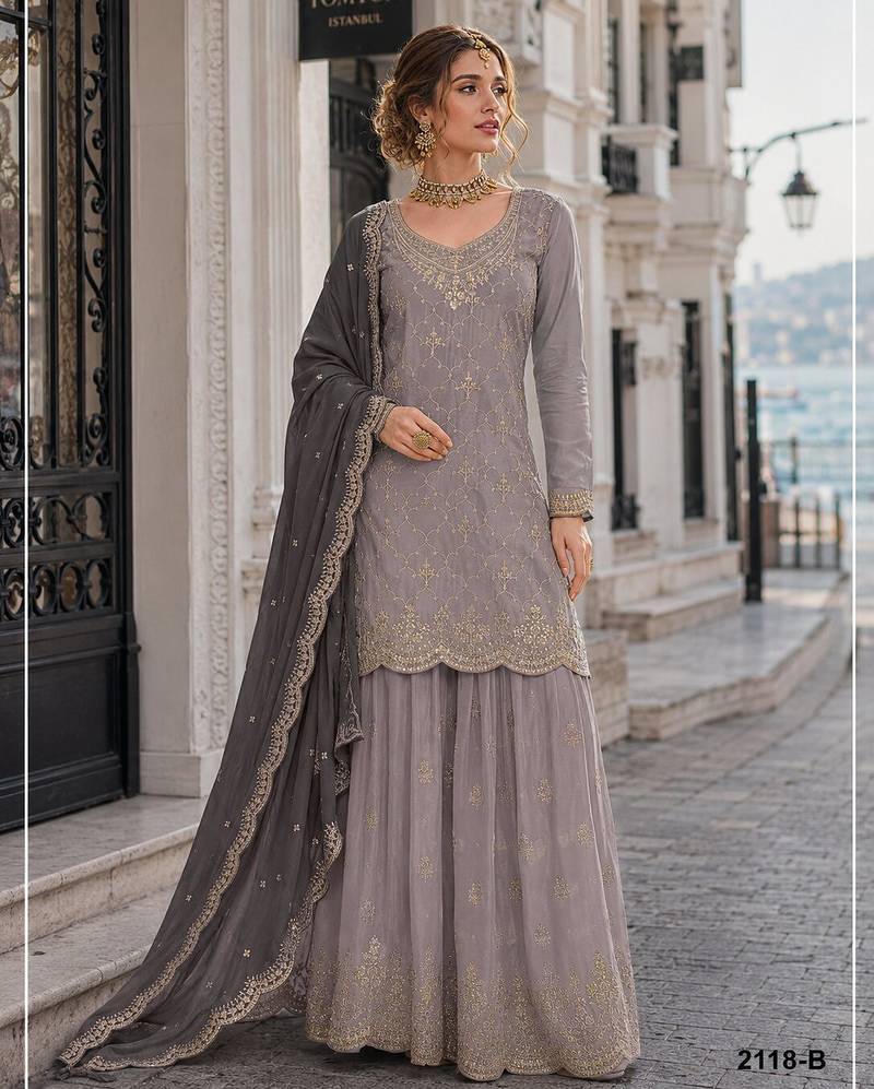 Grey silk blend suit with embroidery & sequin work