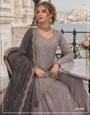 Grey silk blend suit with embroidery & sequin work 2