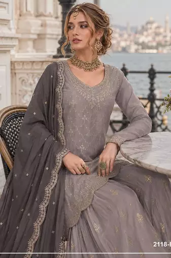 Grey silk blend suit with embroidery & sequin work