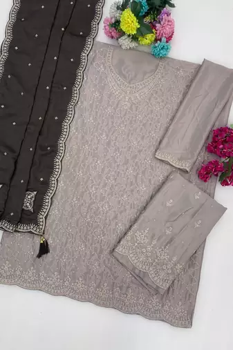 Grey silk blend suit with embroidery & sequin work