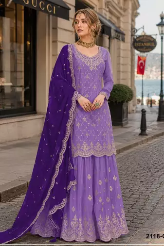 Lavender silk blend suit with embroidery & sequin work