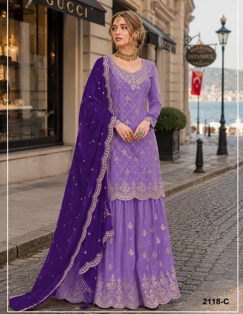 Lavender silk blend suit with embroidery & sequin work