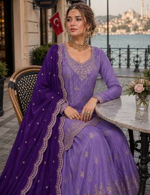 Lavender silk blend suit with embroidery & sequin work 2
