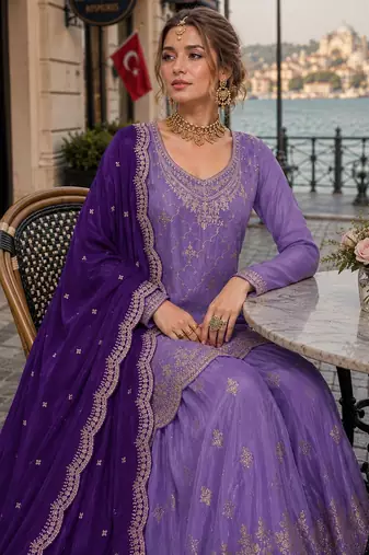 Lavender silk blend suit with embroidery & sequin work
