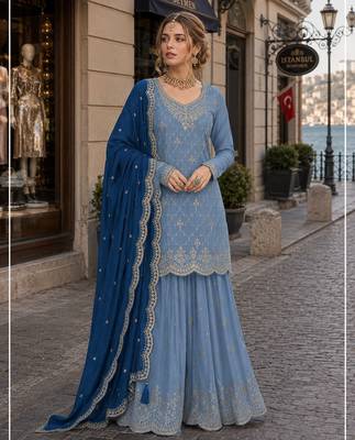 Blue silk blend suit with embroidery & sequin work 1