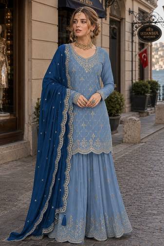 Blue silk blend suit with embroidery & sequin work