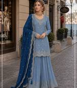 Blue silk blend suit with embroidery & sequin work