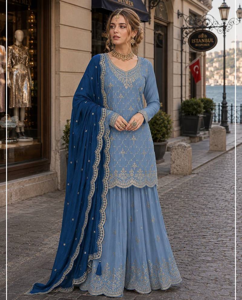 Blue silk blend suit with embroidery & sequin work