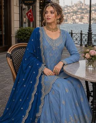 Blue silk blend suit with embroidery & sequin work 2