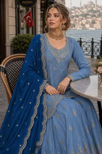Blue silk blend suit with embroidery & sequin work