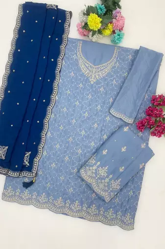 Blue silk blend suit with embroidery & sequin work