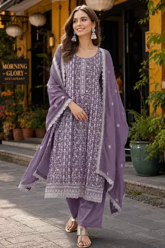 Purple silk blend suit with embroidery & sequin work