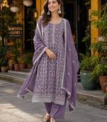 Purple silk blend suit with embroidery & sequin work