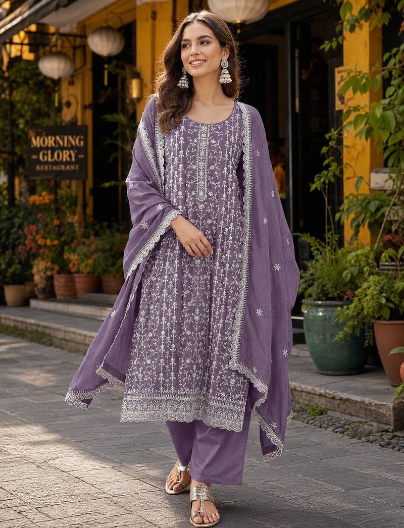 Purple silk blend suit with embroidery & sequin work