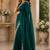 teal green embroidered party wear shimmer chiffon saree with silver scalloped border for women