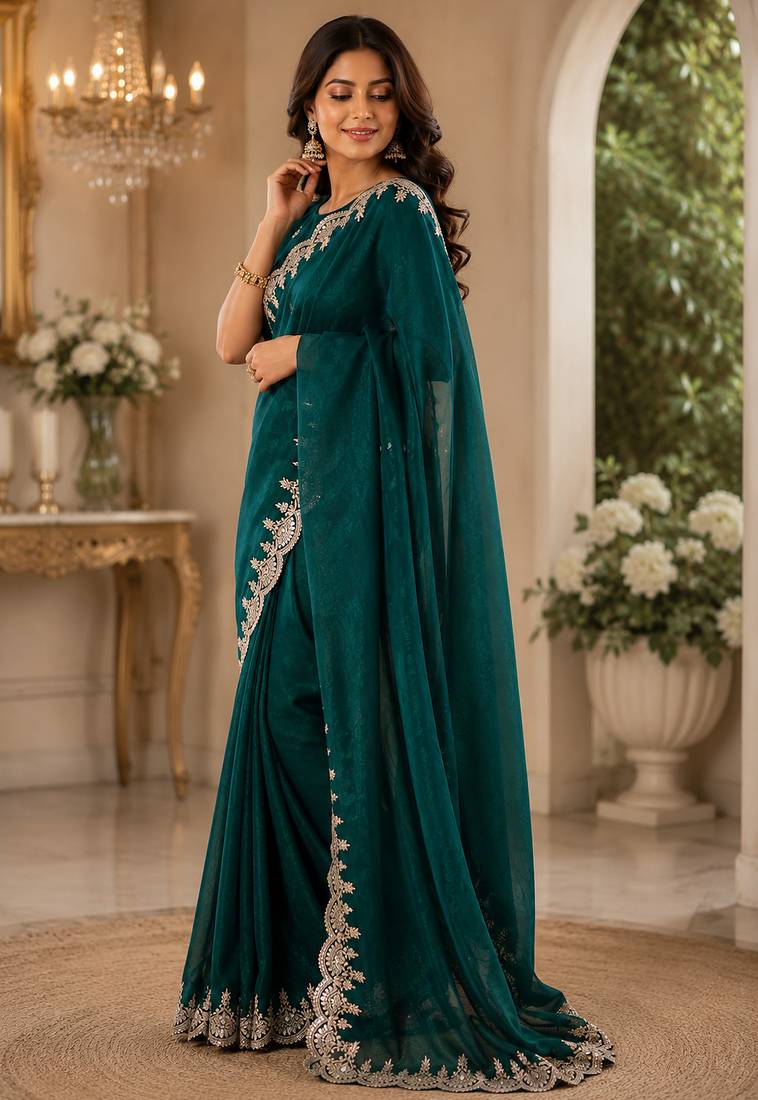 teal green embroidered party wear shimmer chiffon saree with silver scalloped border for women